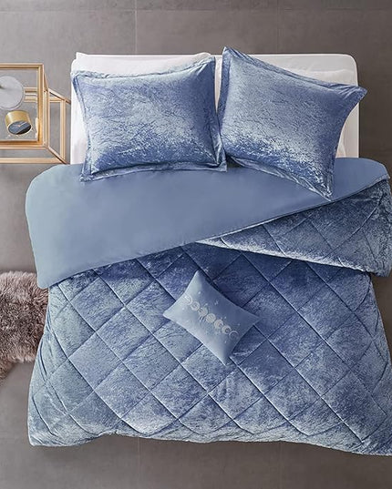 Intelligent Design Queen Duvet Cover Set, Velvet Queen Duvet Set, Luxury Diamond Quilting Blue Duvet Cover, Fluffy Duvet Cover with Decorative Pillow and 2 Shams, 4 Pieces, Blue, Full/Queen - LeafyLoom