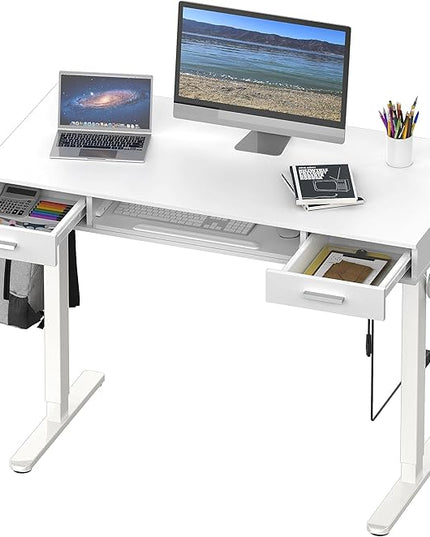 SHW 48-Inch Electric Height Adjustable Desk with Keyboard Tray and Two Drawers - LeafyLoom