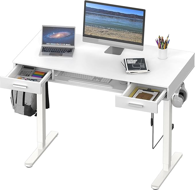 SHW 48-Inch Electric Height Adjustable Desk with Keyboard Tray and Two Drawers - LeafyLoom