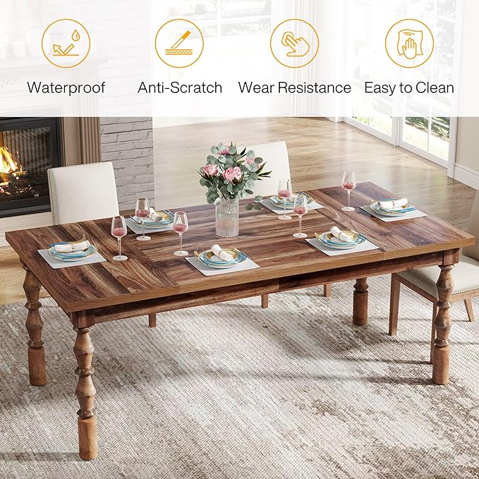 Tribesigns 62” Wood Dining Table for 4-6 People, Farmhouse Large Rectangle Kitchen Table, Dinner Table Kitchen & Dining Room Furniture with Carved Turned Legs - LeafyLoom