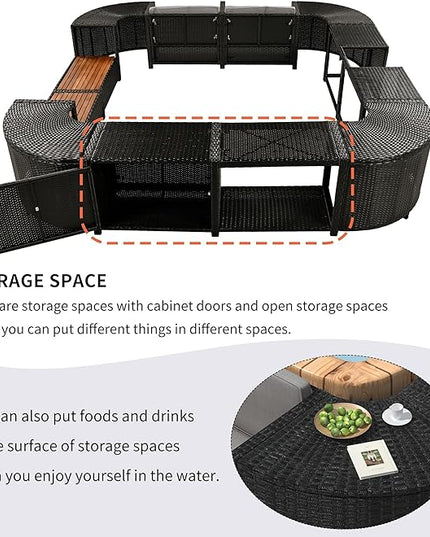 Outdoor Spa Surround Set Patio Furniture with Storage Space, Wood Seatings and Waterproof Cushions, Quadrilateral Rattan Sectional Sofa, for Backyard Deck Poolside, Onesize, Grey - LeafyLoom