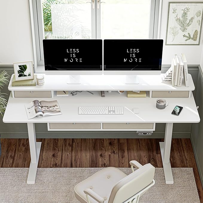 FEZIBO Sturdy Height Adjustable Electric Standing Desk with Drawers, 63 x 24 Inch Stand Up Table with Large Storage Shelf, Sit Stand Desk, White Top - LeafyLoom