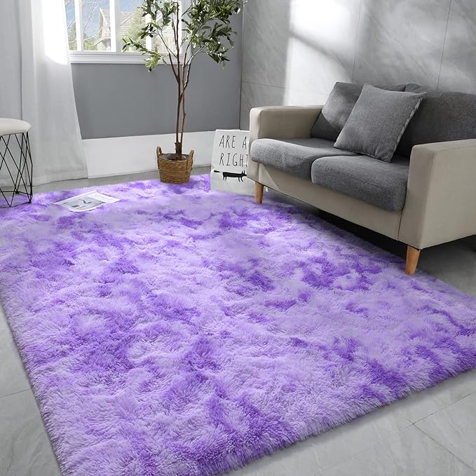 5x8 Large Area Rugs for Living Room, Super Soft Fluffy Modern Bedroom Rug, Tie-Dyed Purple Indoor Shag Fuzzy Carpets for Girls Kids Nursery Room Home Decor - LeafyLoom