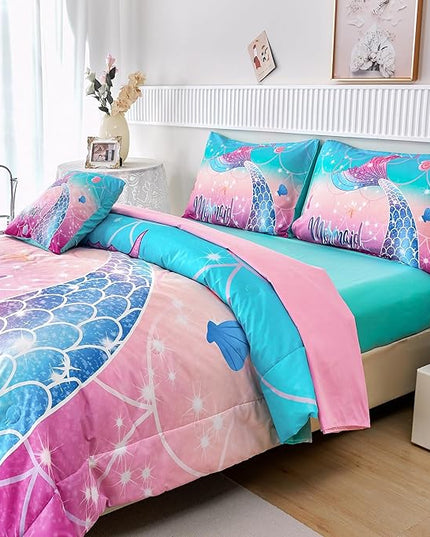 RYNGHIPY Kids Girls Comforter Set 6Pcs, Mermaid Bed in a Bag Twin Size, Fish Tail Print Teens Girls Bedding Set, Rainbow Bedding Collections - LeafyLoom