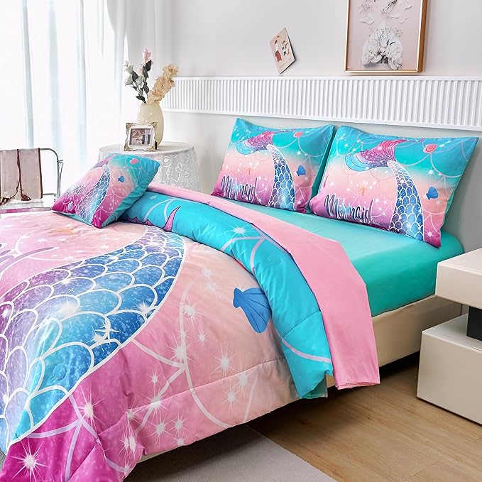RYNGHIPY Kids Girls Comforter Set 6Pcs, Mermaid Bed in a Bag Full Size, Fish Tail Print Teens Girls Bedding Set, Rainbow Bedding Collections - LeafyLoom