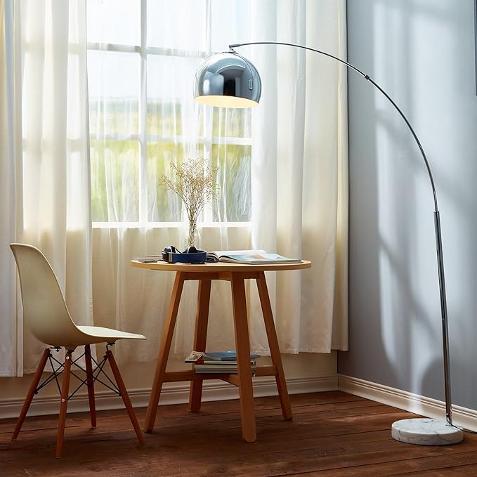 Teamson Home Arquer 68.1" Arc Floor Lamp for Living Rooms, Home Offices, Dining Rooms, Bedrooms with Faux White Marble Base and Chrome Bell Shade - LeafyLoom