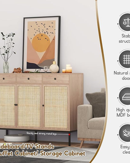 XIAO WEI Sideboard Cabinet Buffet Cabinet with Handmade Natural Decorated Doors and 3 Drawers Rattan Cabinet, Accent Cabinet, Console Table with Metal Legs for Living Room, Hallway, Entryway - LeafyLoom
