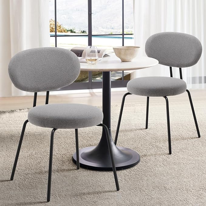 COLAMY Modern Fabric Dining Chairs Set of 4, Mid Centry Upholstered Dining Room Kitchen Chairs with Curved Backrest, Round Seat, Black Metal Legs, Grey - LeafyLoom