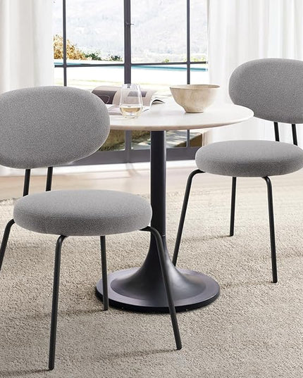 COLAMY Modern Fabric Dining Chairs Set of 2, Mid Centry Upholstered Dining Room Kitchen Chairs with Curved Backrest, Round Seat, Black Metal Legs, Grey - LeafyLoom