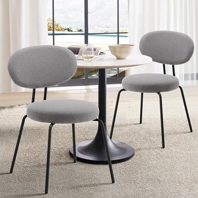 COLAMY Modern Fabric Dining Chairs Set of 2, Mid Centry Upholstered Dining Room Kitchen Chairs with Curved Backrest, Round Seat, Black Metal Legs, Grey - LeafyLoom