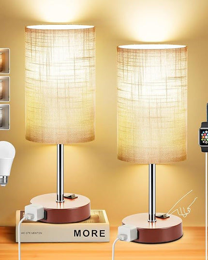 ZJOJO Table Lamp Bedside Lamps for Bedroom, Lamps for Bedrooms Set of 2 with 3 Way Dimmable Using Rocker Switch Nightstand Lamp Night Lamp with AC 2 Outlets for Living Room/Reading Room - LeafyLoom