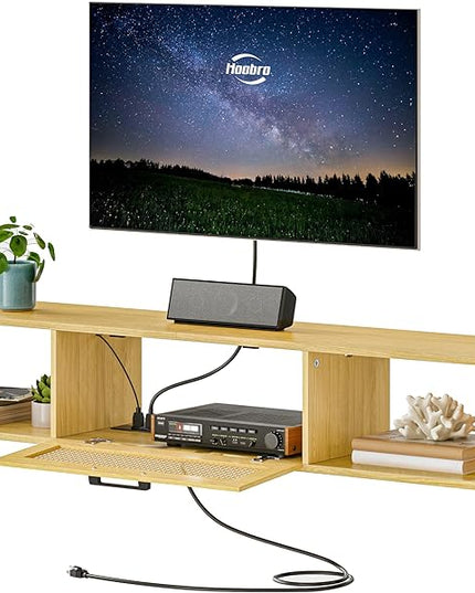 HOOBRO Floating TV Stand for TV up to 65 inches, Wall-Mounted TV Cabinet with 4 Power Outlet, Floating Entertainment Center TV Media Console Shelves with Rattan Flip-Down-Door, Natural NL140UDS01 - LeafyLoom