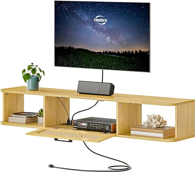 HOOBRO Floating TV Stand for TV up to 65 inches, Wall-Mounted TV Cabinet with 4 Power Outlet, Floating Entertainment Center TV Media Console Shelves with Rattan Flip-Down-Door, Natural NL140UDS01 - LeafyLoom