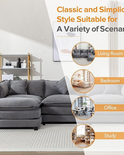 112.2" L-Shape Chenille Upholstered Sofa, Modern Luxury Couch with Movable Ottoman adn 5 Pillows, for Living Room, Apartment, 112.2 Inch, Gray - LeafyLoom