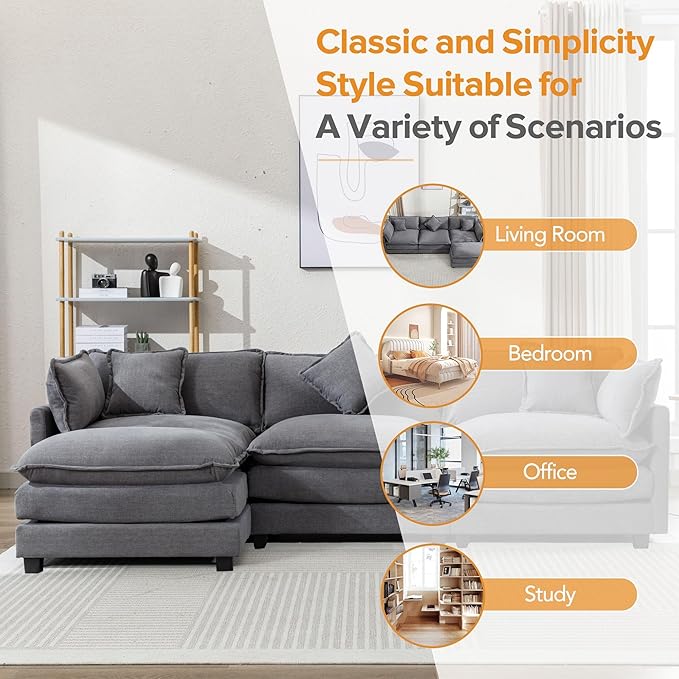 112.2" L-Shape Chenille Upholstered Sofa, Modern Luxury Couch with Movable Ottoman adn 5 Pillows, for Living Room, Apartment, 112.2 Inch, Gray - LeafyLoom