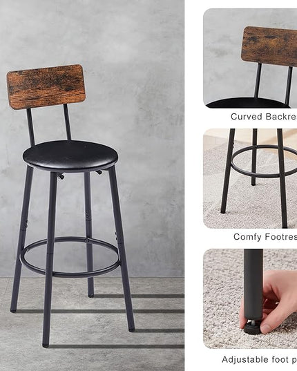 3 Pieces Bistro Table and Chairs Set, Industrial Counter Height Round Bar Table with Storage Shelf, 2 PU Upholstered Seat Stools with Backrest & Footrest, for Kitchen, Bar, Small Space, Rustic Brown - LeafyLoom