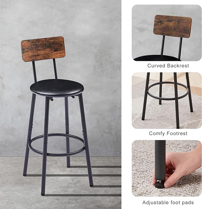 3 Pieces Bistro Table and Chairs Set, Industrial Counter Height Round Bar Table with Storage Shelf, 2 PU Upholstered Seat Stools with Backrest & Footrest, for Kitchen, Bar, Small Space, Rustic Brown - LeafyLoom