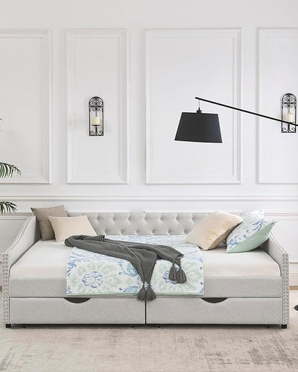 Queen Size Daybed with 2 Storage Drawers,Linen Upholstered Sofa Bed W/Button on Back & Copper Nail on Waved Shape Armrests,No Spring Box Need,Wood Bedframe for Living Room Bedroom Dorm,Beige - LeafyLoom
