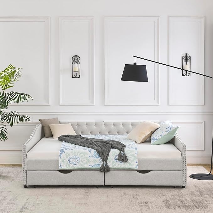Queen Size Daybed with 2 Storage Drawers,Linen Upholstered Sofa Bed W/Button on Back & Copper Nail on Waved Shape Armrests,No Spring Box Need,Wood Bedframe for Living Room Bedroom Dorm,Beige - LeafyLoom