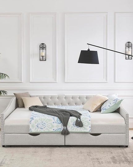 Queen Size Daybed with Drawers Upholstered Tufted Sofa Bed,with Button on Back and Copper Nail on Waved Shape Arms,for Small Space,Bedroom,Livingroom, Beige (84.5"x63.5"x26.5") - LeafyLoom