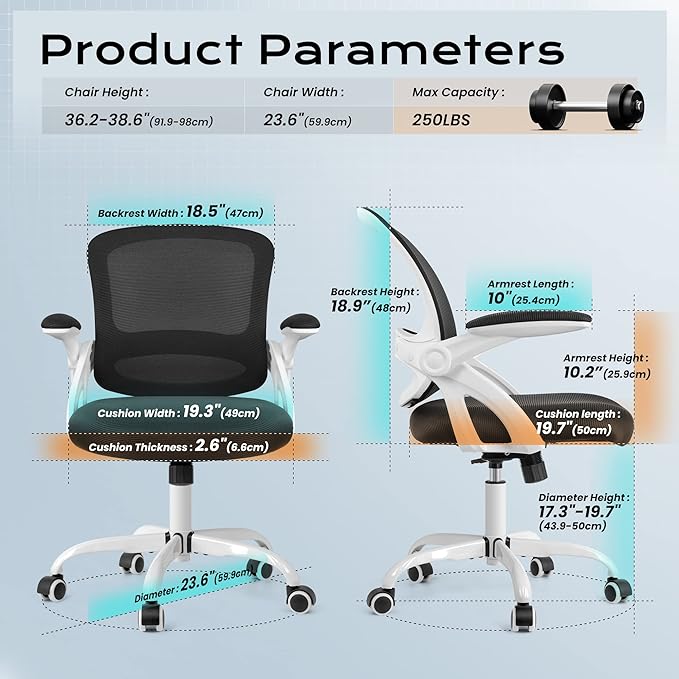 KERDOM Office Chair, Ergonomic Desk Chair, Mesh Computer Chair Height Adjustable, Comfy Swivel Task Chair with Wheels and Flip-up Arms - LeafyLoom