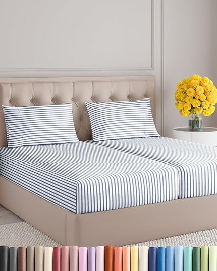 Split King Size 5 Piece Sheet Set - Comfy Breathable & Cooling Sheets - Hotel Luxury Bed Sheets for Women & Men - Deep Pockets, Easy-Fit, Soft & Wrinkle Free Sheets - Blue Stripes Oeko-Tex Bed Sheets - LeafyLoom