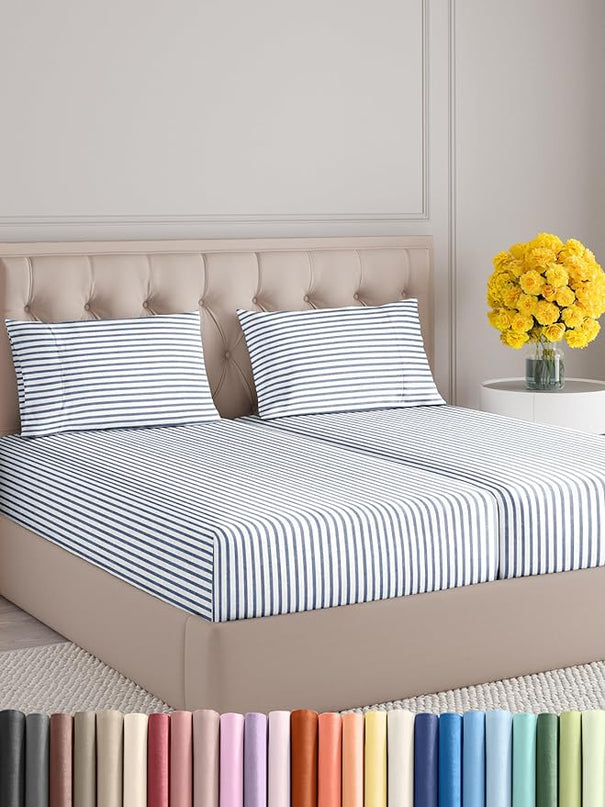 Split King Size 5 Piece Sheet Set - Comfy Breathable & Cooling Sheets - Hotel Luxury Bed Sheets for Women & Men - Deep Pockets, Easy-Fit, Soft & Wrinkle Free Sheets - Blue Stripes Oeko-Tex Bed Sheets - LeafyLoom