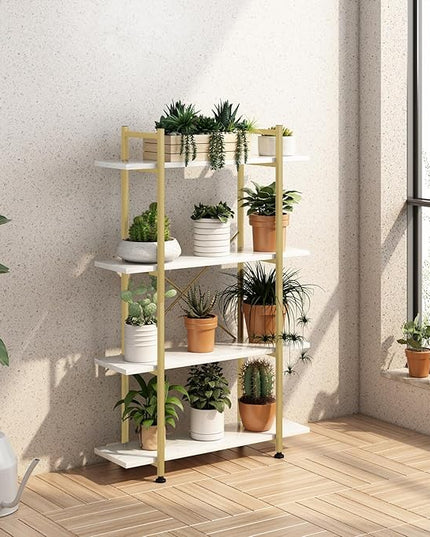 Bookshelf 4 Tiers White and Gold Wooden Storage Shelf,Modern Open Display Storage Bookcase Book Organizer,Metal Bookshelf Standing Storage Shelf Tall Shelving Units for Home Office Study - LeafyLoom