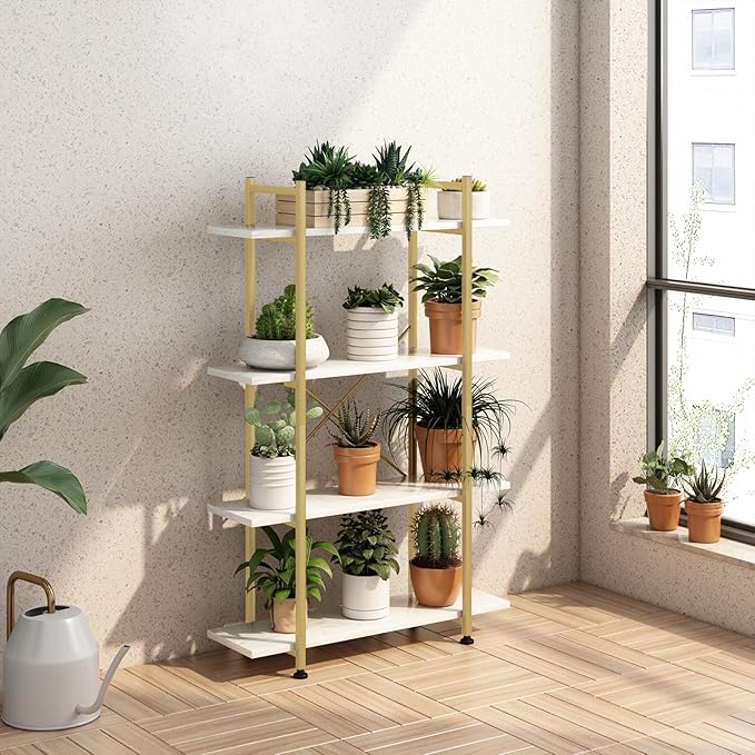 Bookshelf 4 Tiers White and Gold Wooden Storage Shelf,Modern Open Display Storage Bookcase Book Organizer,Metal Bookshelf Standing Storage Shelf Tall Shelving Units for Home Office Study - LeafyLoom