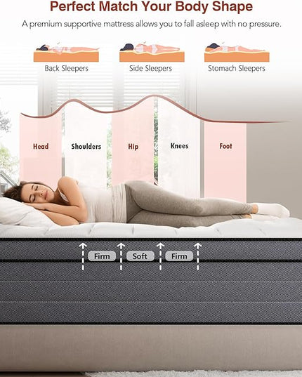 Firm California King Mattress, 12 Inch Cal King Hybrid Mattress with Gel Memory Foam and Pocketed Springs, Pressure Relief and Motion Isolation, Cali King Mattress in a Box, Upgraded Support - LeafyLoom