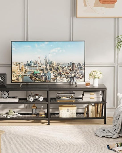 TV Stand for TV up to 70 Inch, Long 63" TV Cabinet with 3-Tier Storage Shelves,Entertainment Center TV Console Table for Living Room with Industrial TV Metal Frame, Black Oak - LeafyLoom