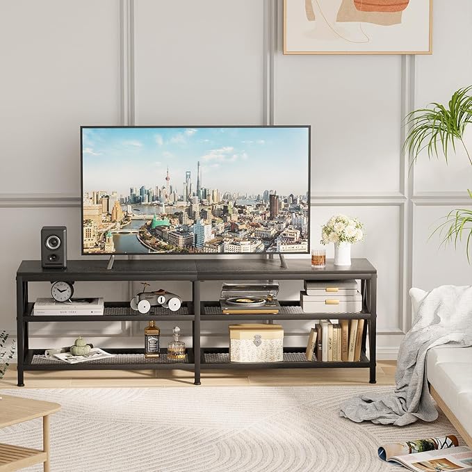 TV Stand for TV up to 70 Inch, Long 63" TV Cabinet with 3-Tier Storage Shelves,Entertainment Center TV Console Table for Living Room with Industrial TV Metal Frame, Black Oak - LeafyLoom