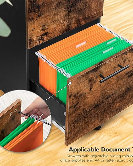 HOOBRO 2 Drawer Mobile File Cabinet, Rolling Printer Stand, Rolling Office Cabinet with 5 Wheels, Wooden Vertical Filing Cabinet fits A4/Letter Size for Home Office, Rustic Brown and Black BF03WJ01G1 - LeafyLoom