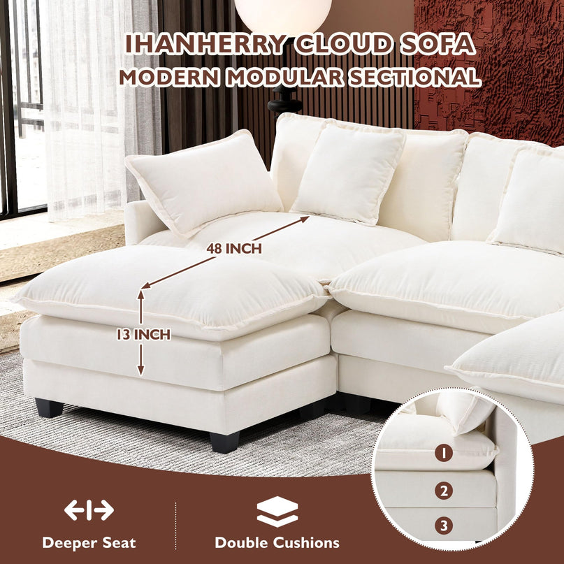 Ihanherry 111.4" L Shaped Modern Sofa Modular Sectional Cloud Couch with Ottoman, 4-Seat Chenille Deep Seat Sofa with Pillow for Living Room, Bedroom and Apartment, Beige LeafyLoom