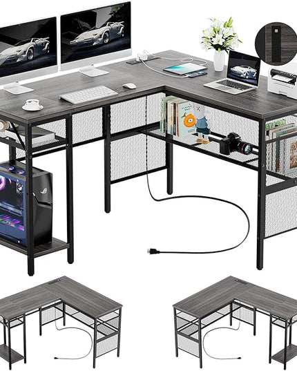Reversible L Shaped Gaming Desk with Magic Power Outlets, 55 Inch Large Corner Computer Desk, Sturdy Home Office Table with Storage Shelf, Attractive Grid Design Writing Desk, Oak Walnut - LeafyLoom