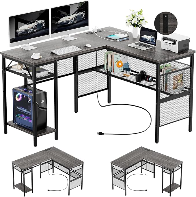 Reversible L Shaped Gaming Desk with Magic Power Outlets, 55 Inch Large Corner Computer Desk, Sturdy Home Office Table with Storage Shelf, Attractive Grid Design Writing Desk, Oak Walnut - LeafyLoom