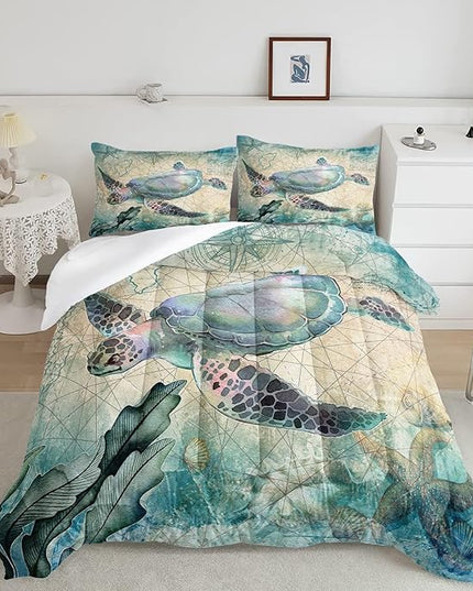 CVHOUSE Sea Turtle Comforter Sets King for Ocean Lovers,Turtle Beach Bedding Sets King Set,Turtle Bedspread,Turtle Duvet,Turtle Bed Set,Turtle Quilt Set 3 Pcs 1 Comforter and 2 Pillowcases - LeafyLoom