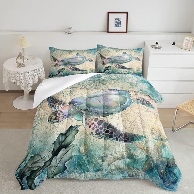 CVHOUSE Sea Turtle Comforter Sets King for Ocean Lovers,Turtle Beach Bedding Sets King Set,Turtle Bedspread,Turtle Duvet,Turtle Bed Set,Turtle Quilt Set 3 Pcs 1 Comforter and 2 Pillowcases - LeafyLoom