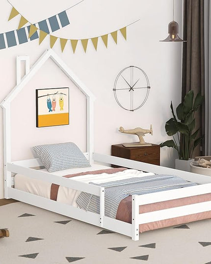 Bellemave Twin Size House-Shaped Headboard Floor Bed with Fences, Wooden Montessori Bed for Kids,House Bed Twin Frame for Girls,Boys (White) - LeafyLoom