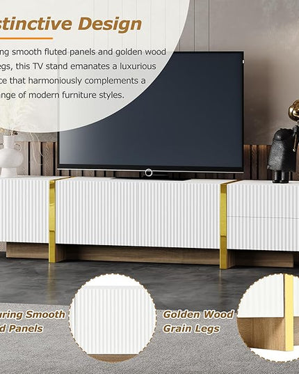 Merax Luxury Fluted TV Stand for Televisions Up to 80'', Modern Entertainment Center with Storage Cabinets & Drawers and Golden Wood Grain Legs, Smooth Media Console, for Living Room, White - LeafyLoom