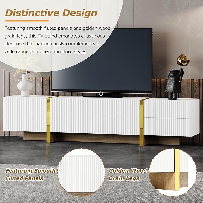 Merax Luxury Fluted TV Stand for Televisions Up to 80'', Modern Entertainment Center with Storage Cabinets & Drawers and Golden Wood Grain Legs, Smooth Media Console, for Living Room, White - LeafyLoom