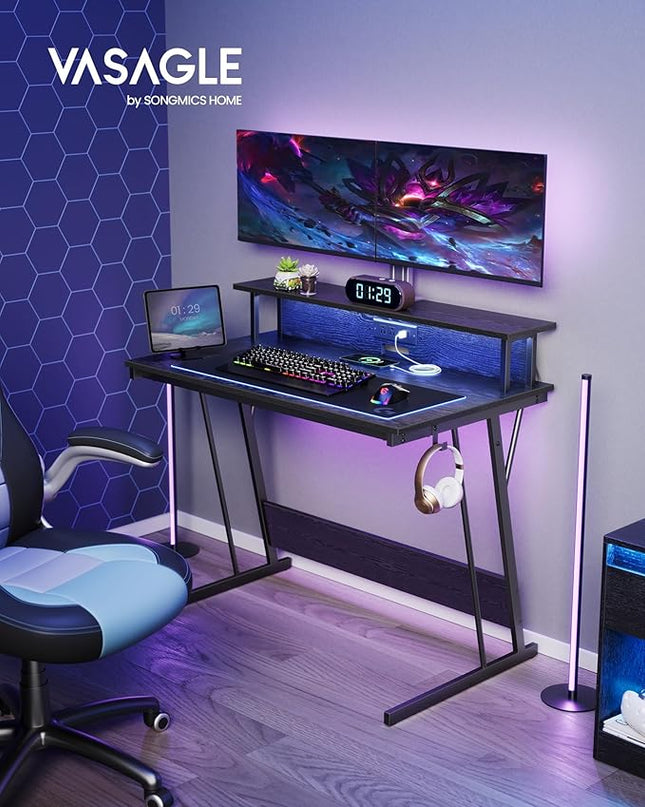 VASAGLE LED Gaming Desk with Power Outlets, Computer Desk with USB Ports, Office Desk with Monitor Stand for 2 Monitors, with Hooks, for Bedroom, 23.6 x 39.4 x 29.5 Inches Ebony Black ULWD091B56 - LeafyLoom