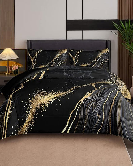Tailor Shop Marble Bedding Set Soft Microfiber Black and Gold Comforter Set Twin Size for Kids Men and Women with 1 Marble Comforter and 1 Pillowcase - LeafyLoom