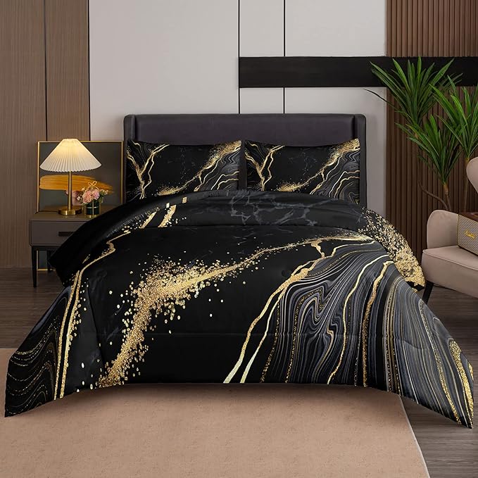 Tailor Shop Marble Bedding Set Soft Microfiber Black and Gold Comforter Set Twin Size for Kids Men and Women with 1 Marble Comforter and 1 Pillowcase - LeafyLoom