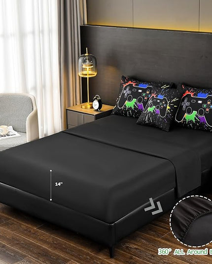 DORCAS Twin Size Gamer Comforter Set with Sheets for Boys,Game Console Black Bedding Set for Kids,6 Pieces Bedding Set Boys Colorful Graffiti Gaming Comforter,Sheets,Pillowcases (Black, Twin) - LeafyLoom