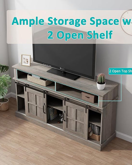 TV Stand with 2 Sliding Barn Doors, 58 Inch TV Stand with Storage Cabinet and Shelves, Television Stands with Storage for Living Room, Bedroom, Brown - LeafyLoom