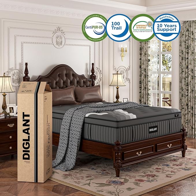 California King Mattress DIGLANT 14 Inch Memory Foam Hybrid Mattress in a Box, Motion Isolation Individually Pocket Spring, Supportive & Back Pain Relief, CalKing Size Plush Mattress, Black, 75”x84” - LeafyLoom