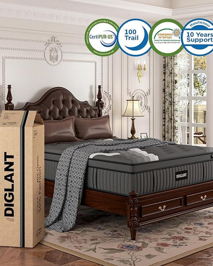 Queen Mattress DIGLANT 14 Inch Memory Foam Hybrid Mattress in a Box, Motion Isolation Individually Pocket Spring, Supportive & Back Pain Relief, Queen Size Plush Mattress, Black, 60”x80” - LeafyLoom