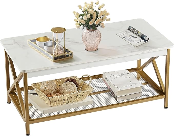 VECELO Coffee Table with Storage Shelf for Living Room,Industrial Style,Easy Assembly, White Gold - LeafyLoom