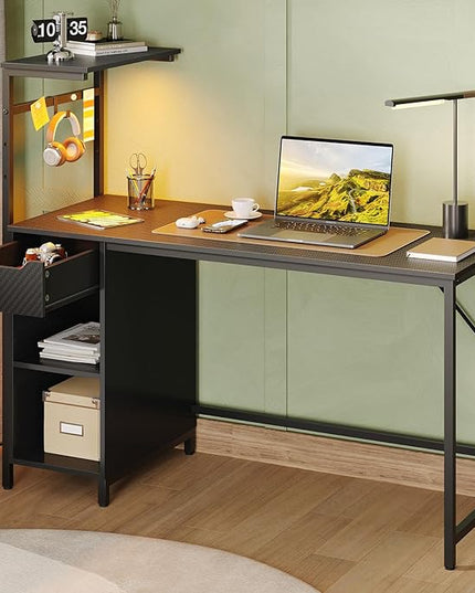 Bestier Gaming Desk with Drawer and LED Lights, 48 inch Computer Desk PC Table with Adjustable Storage Shelves & Hook for Home Office, Carbon Fiber Black - LeafyLoom